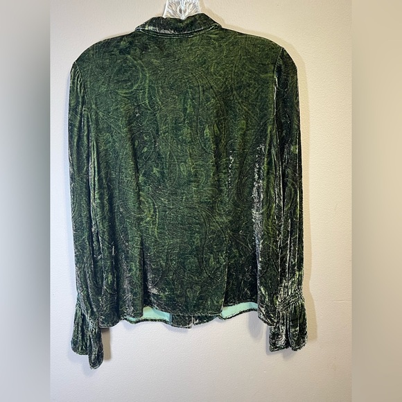 Kate Hill Petite Dark Green Crushed Velvet Paisley Button Down Blouse 8P Ruffle - Picture 8 of 12